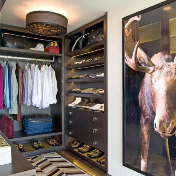 Walk-in closet with clothes, shoes, bags, and large moose artwork on the wall