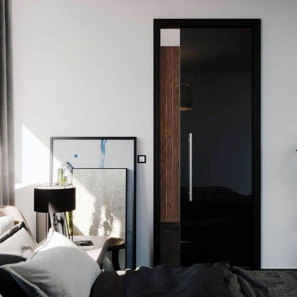 Sleek black pocket door with a modern handle in a contemporary bedroom featuring minimalist decor and neutral tones