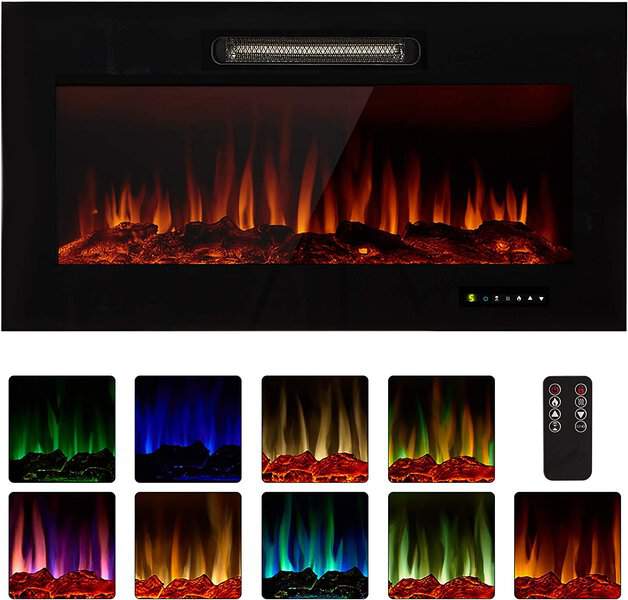 Wall-mounted electric fireplace with adjustable flame colors and remote control included.