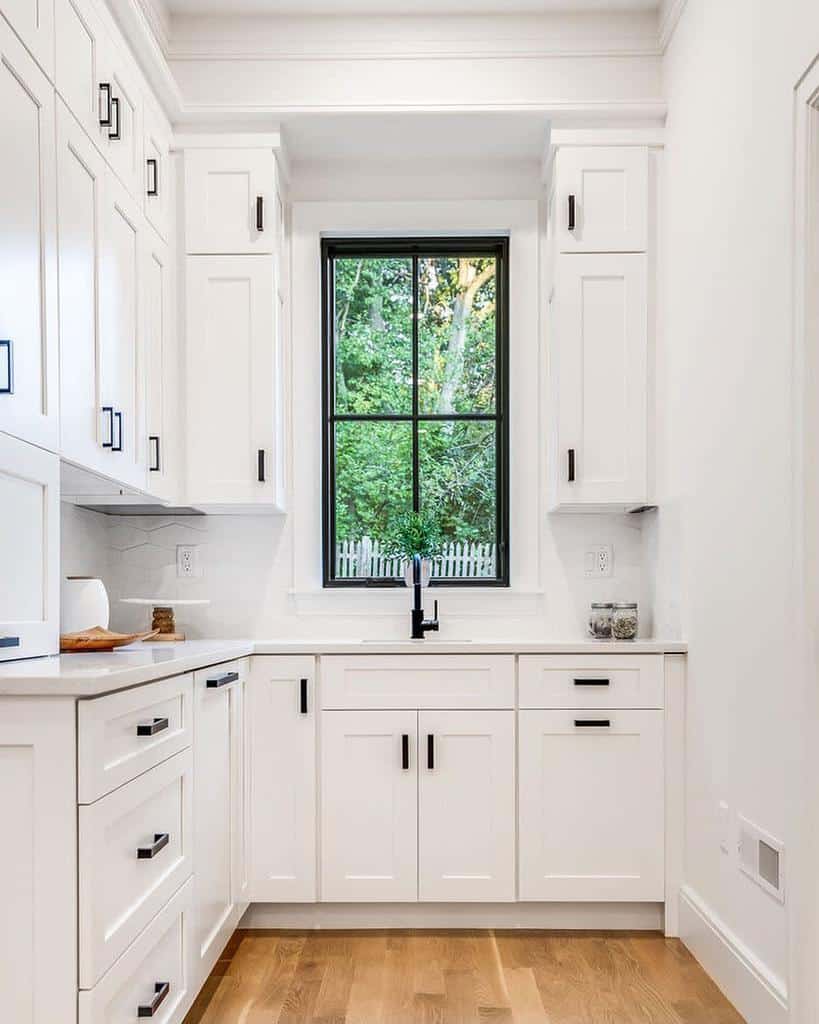 white modern kitchen butler's pantry black accents