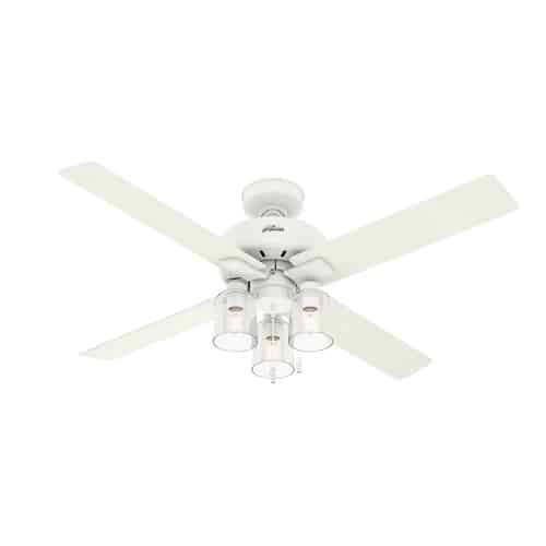 Matte white ceiling fan with four blades and integrated LED light fixture.