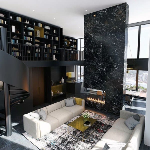 Modern living room with spiral staircase, black marble fireplace, beige sofas, and a high ceiling bookshelf