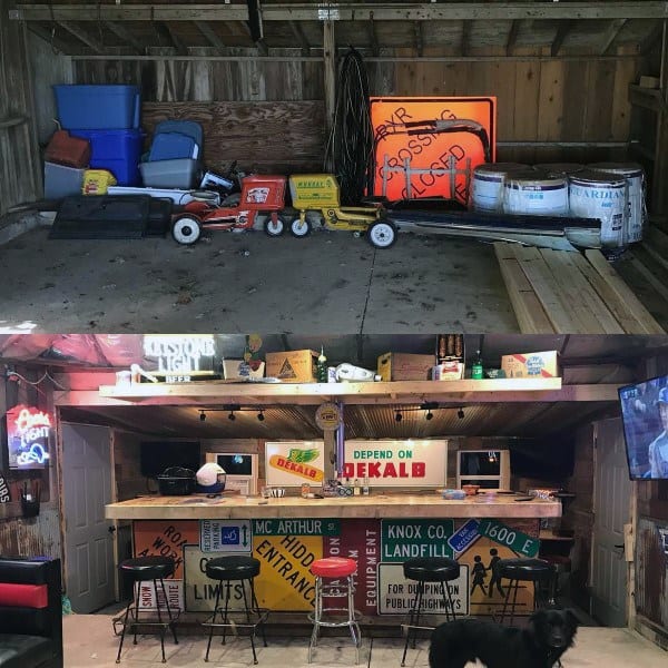 Transformed garage bar with reclaimed road signs, wooden countertop, and colorful bar stools.