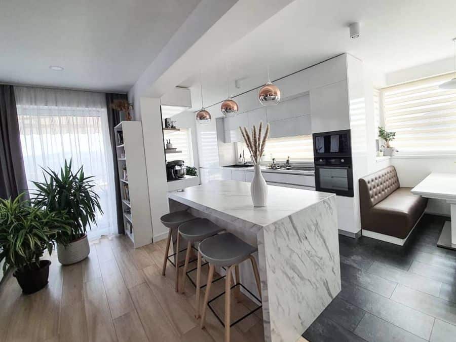 marble kitchen island gray stools vinyl wood flooring 