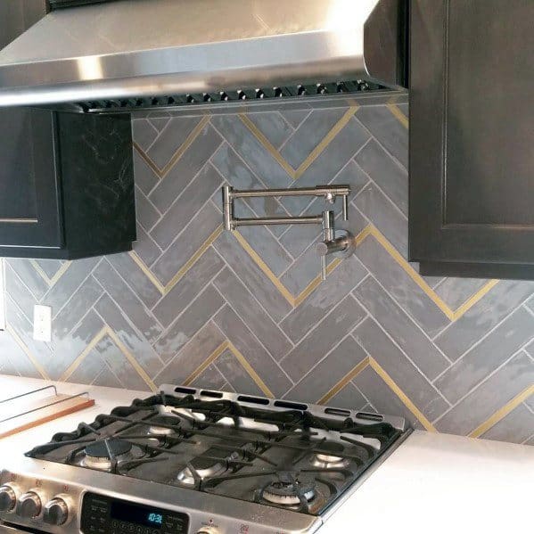 Kitchen Brass Accents With Herringbone Grey Tiles Luxury Metal Backsplash Ideas