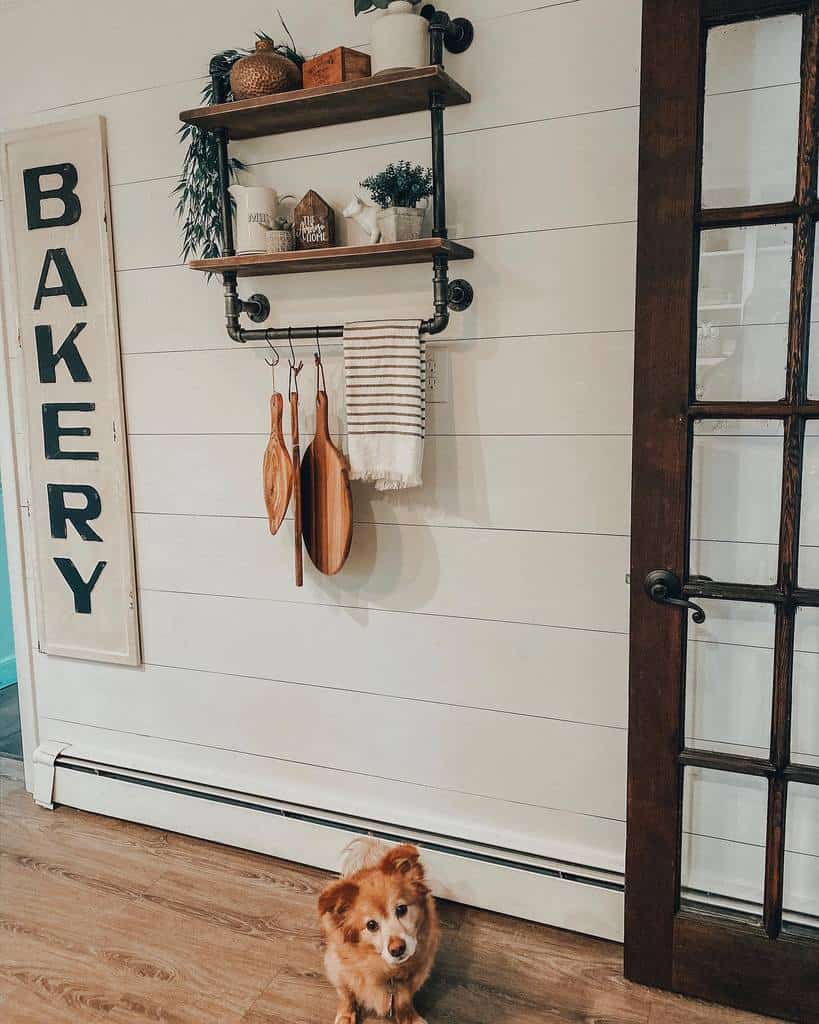 farmhouse kitchen pipe wall shelf shiplap walls