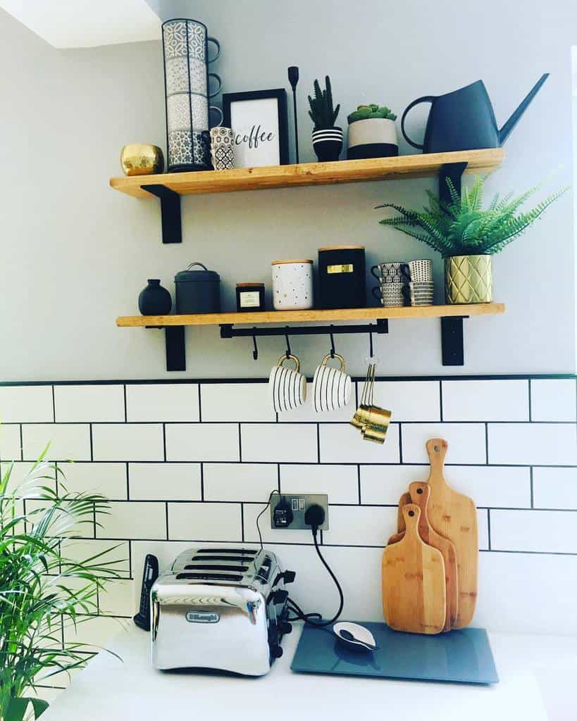 kitchen wall shelf white tile wall 