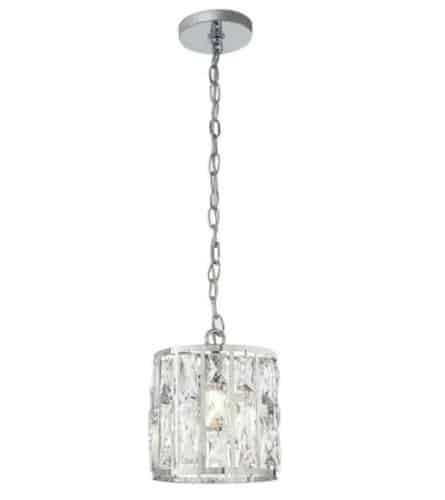 Crystal and chrome pendant light with a cylindrical shade and chain suspension.