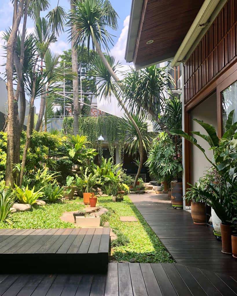 tropical backyard with wood deck pathway 