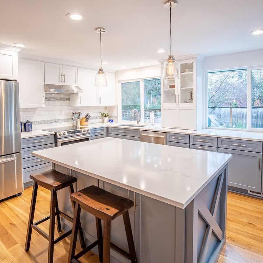 bright gray and white cabinet modern kitchen 