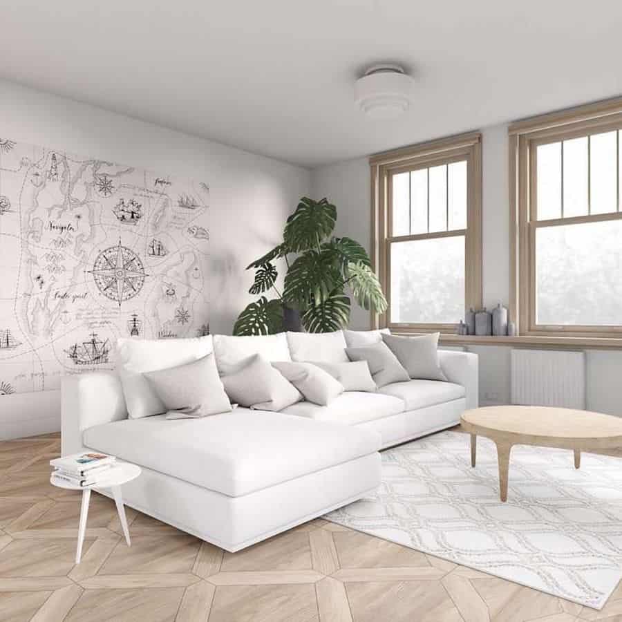 white sofa map wall mural wood coffee table 