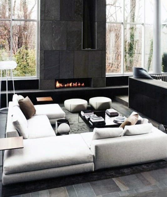 luxury living room with fireplace and gray sofa