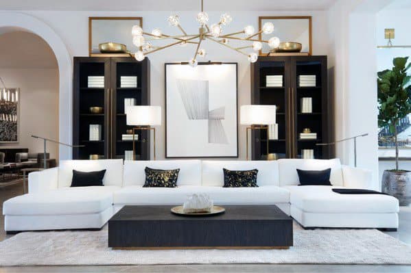 modern living room large white sofa sputnik chandelier