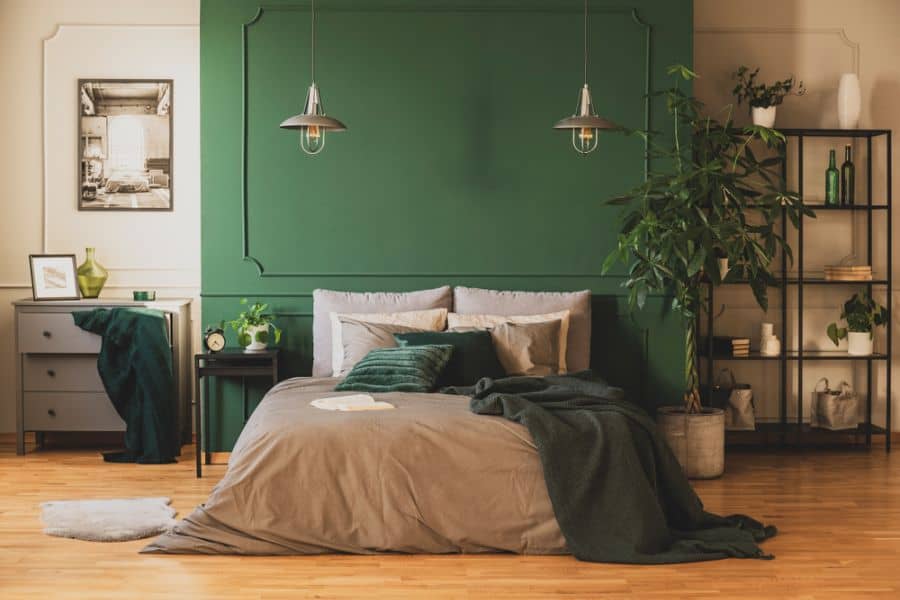 Modern bedroom with green feature wall, black shelving unit, and gray cabinet.