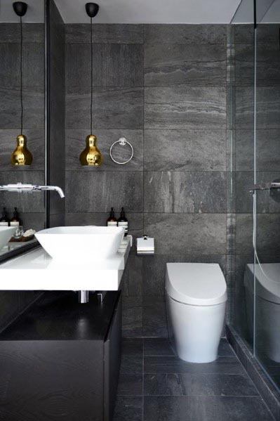 natural stone slate bathroom with gold pendant light 