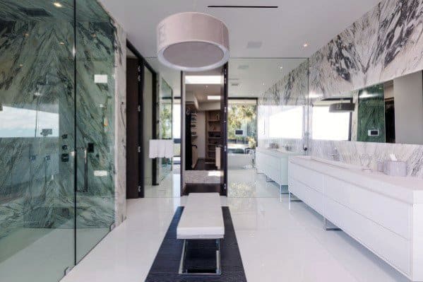 galley style master bathroom with large walk-in shower