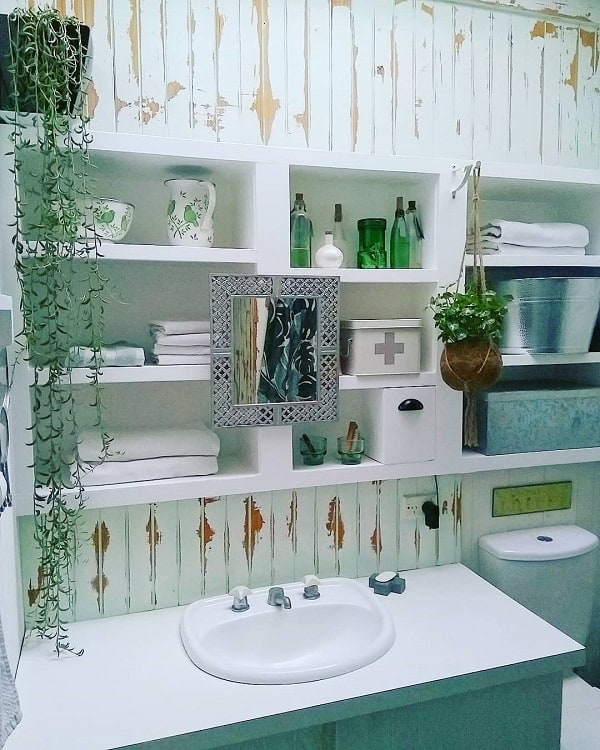 Rustic bathroom with white built-in shelves, vintage decor, plants, and a distressed wood wall.