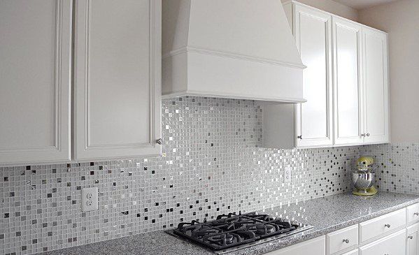 Moasic Metallic Metal Backsplash Ideas With White Kitchen Cabinets