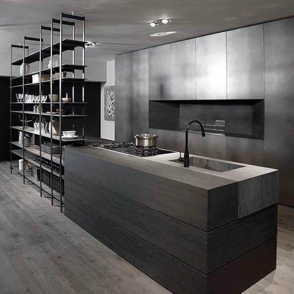 Contemporary kitchen with matte black cabinets, open shelving, and a minimalist island design.