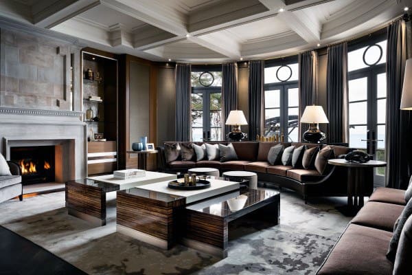 Luxurious living room with plush seating, a cozy fireplace, modern furniture, and large windows