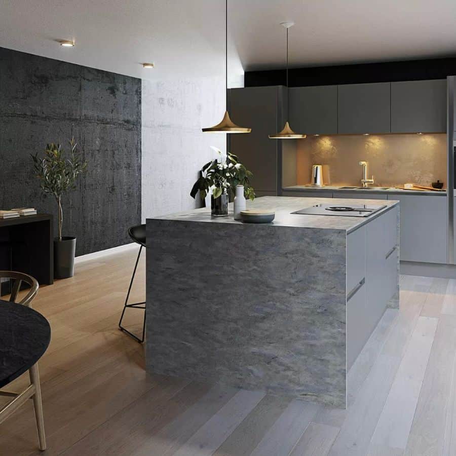 modern kitchen large island bar wood panel flooring 