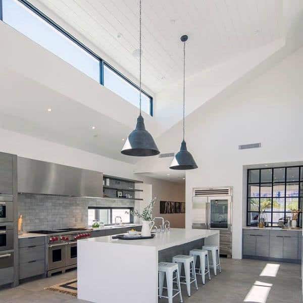 Bright modern kitchen with vaulted ceilings, sleek cabinetry, and industrial pendant lighting.