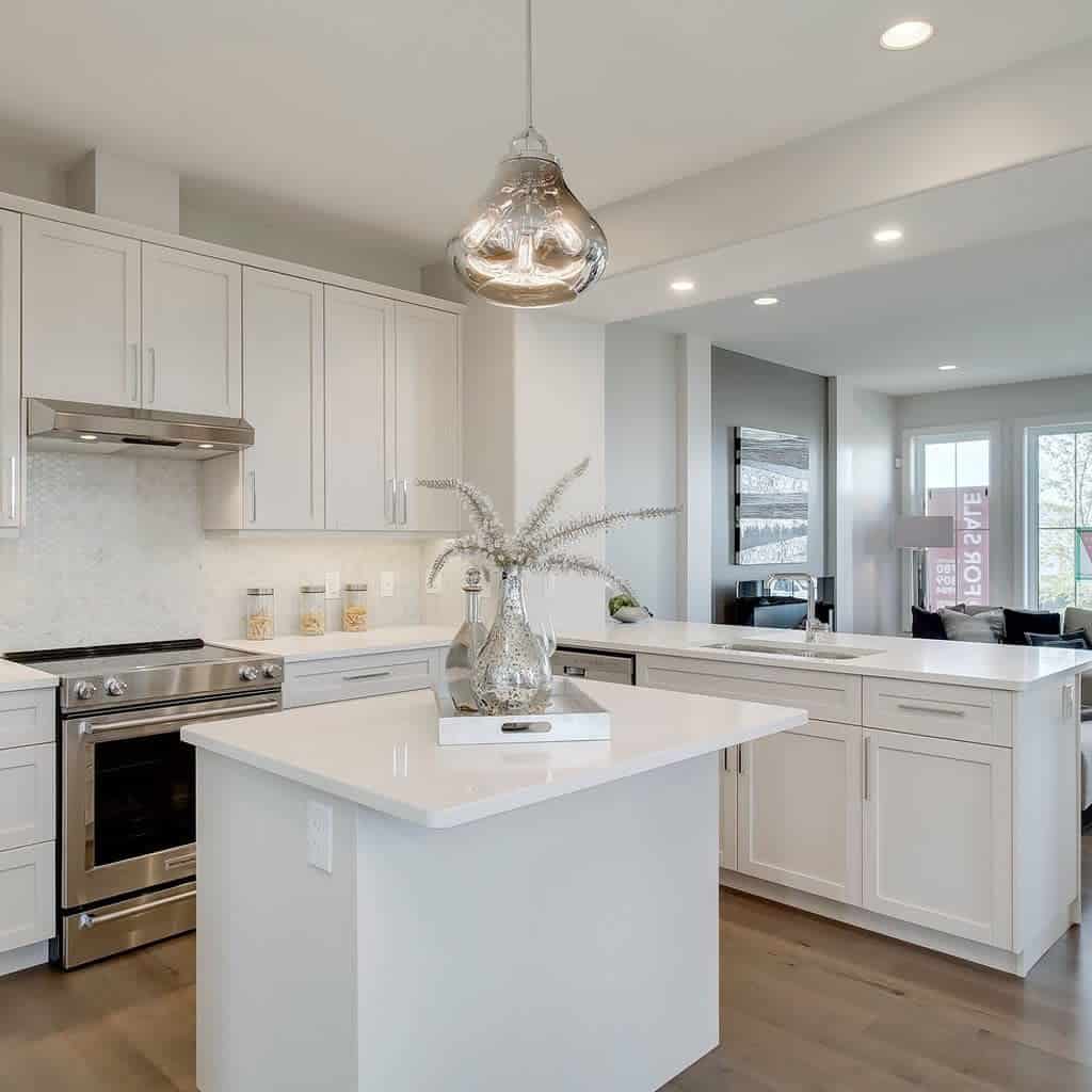 light white cabinet modern kitchen with small island 