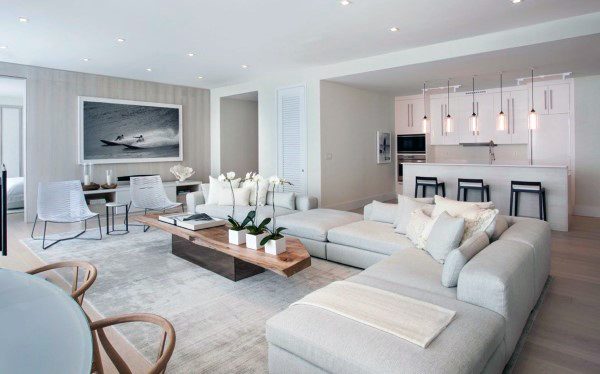 luxury apartment living room with open kitchen