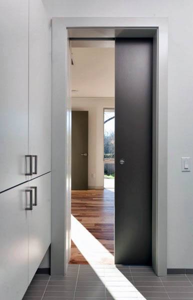 Sleek modern pocket door in matte black finish within a minimalist space, featuring clean cabinetry and light tile flooring