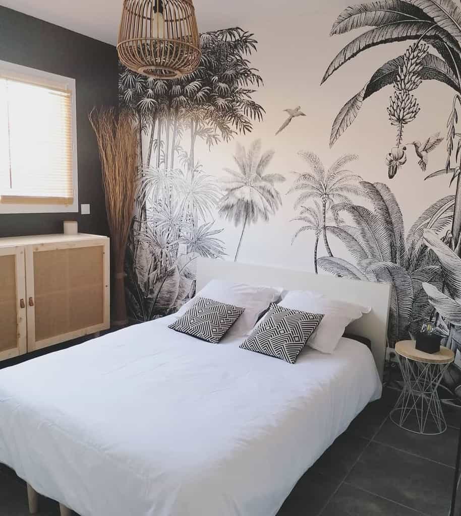 Jungle-themed bedroom with wall mural, neutral decor, and woven light fixture.