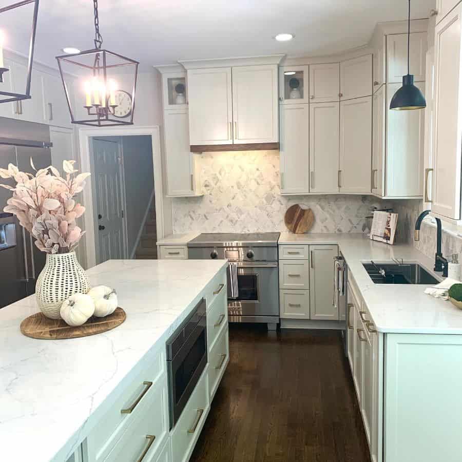 narrow small pale green cabinet kitchen island 