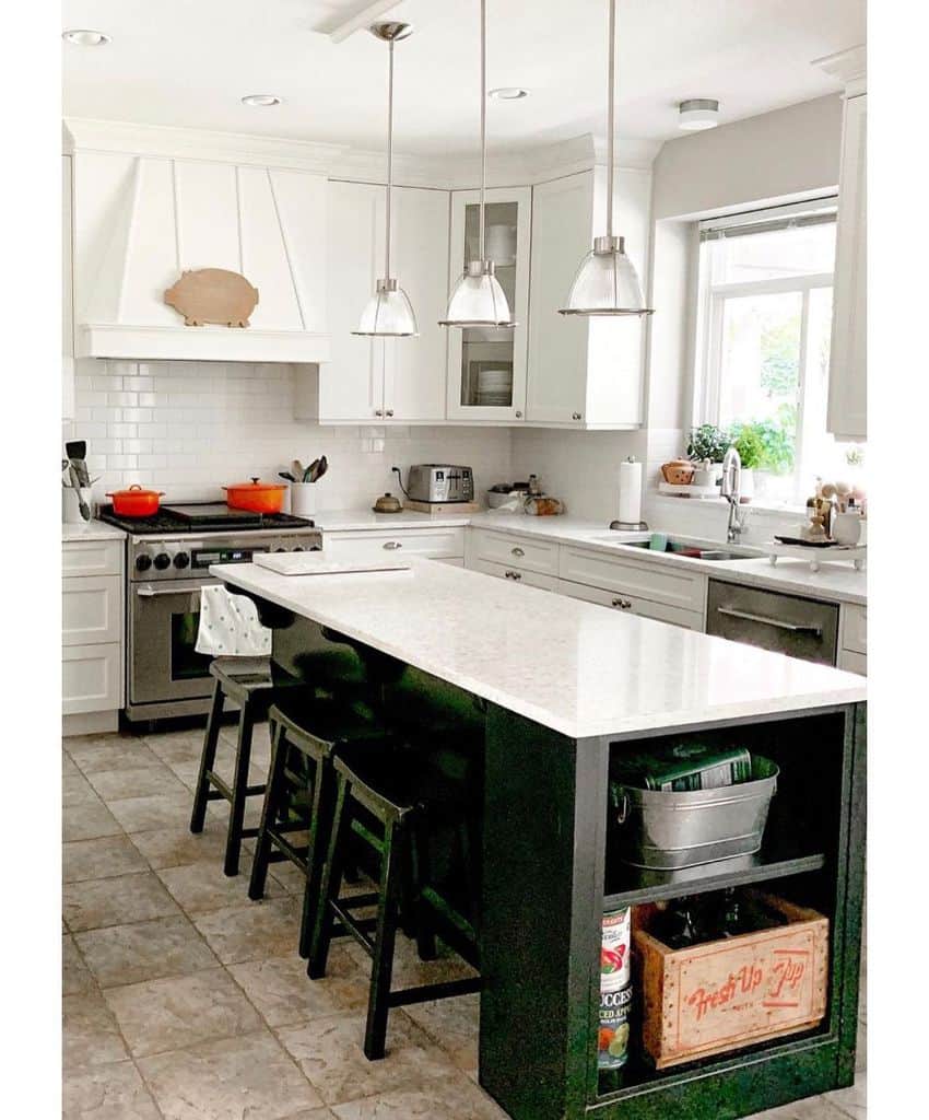 narrow small kitchen with white cabinets 