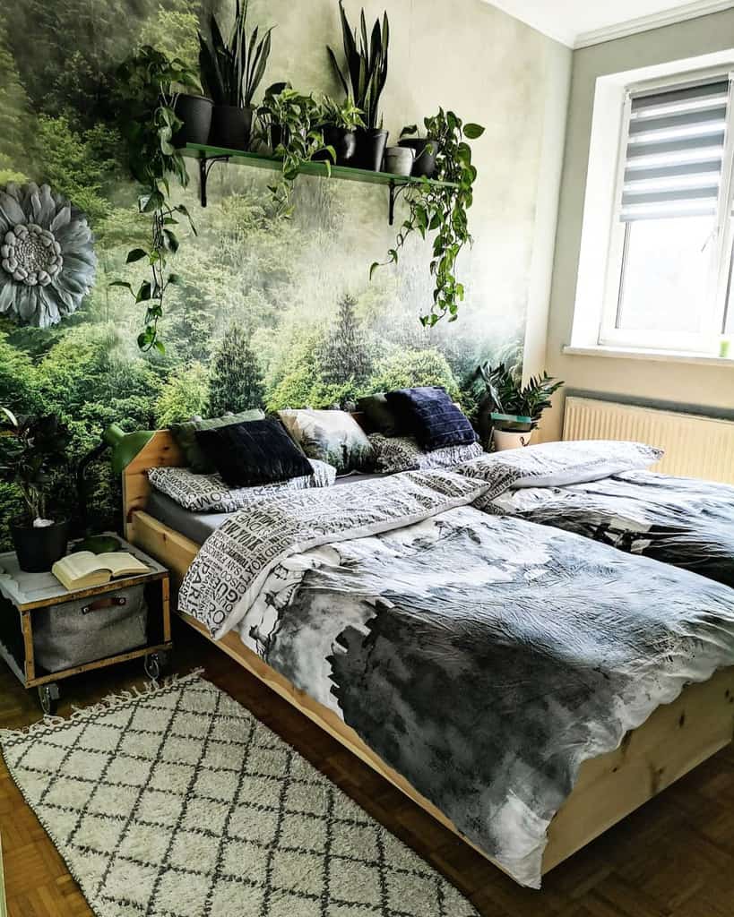 Bedroom with forest wallpaper, wooden bed, hanging shelf, and potted plants.