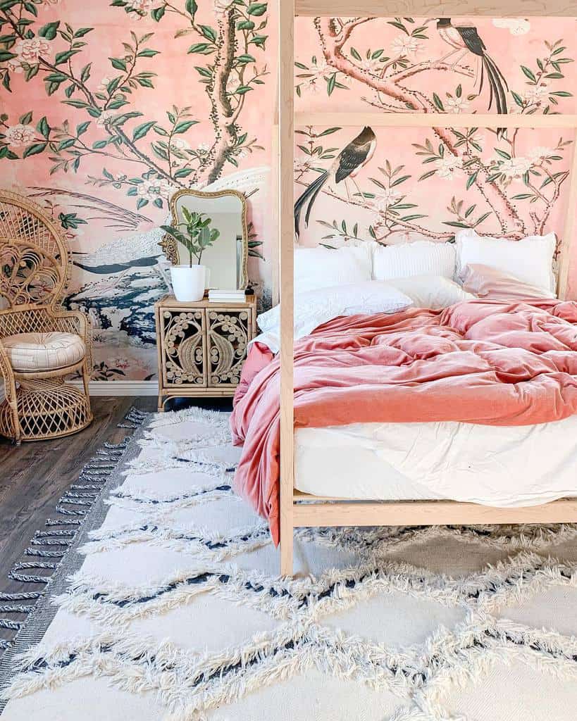 pink nature wall mural boho bedroom 