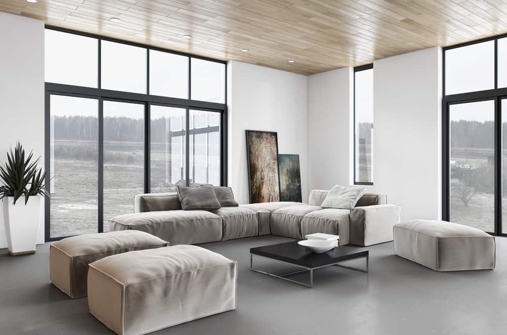 Spacious minimalist living room featuring large floor-to-ceiling windows, neutral beige furnishings, a sleek black coffee table, and modern decor, all set against a serene natural backdrop