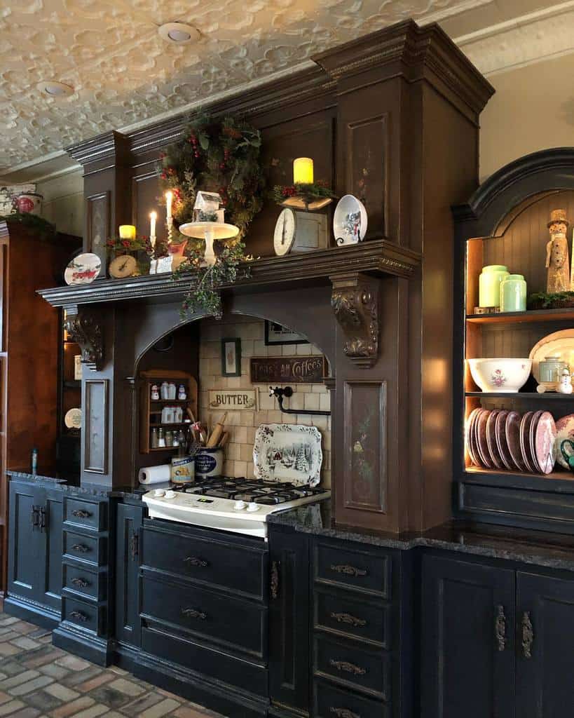 classic brown and black cabinet kitchen mantle above stove white tile backsplash 