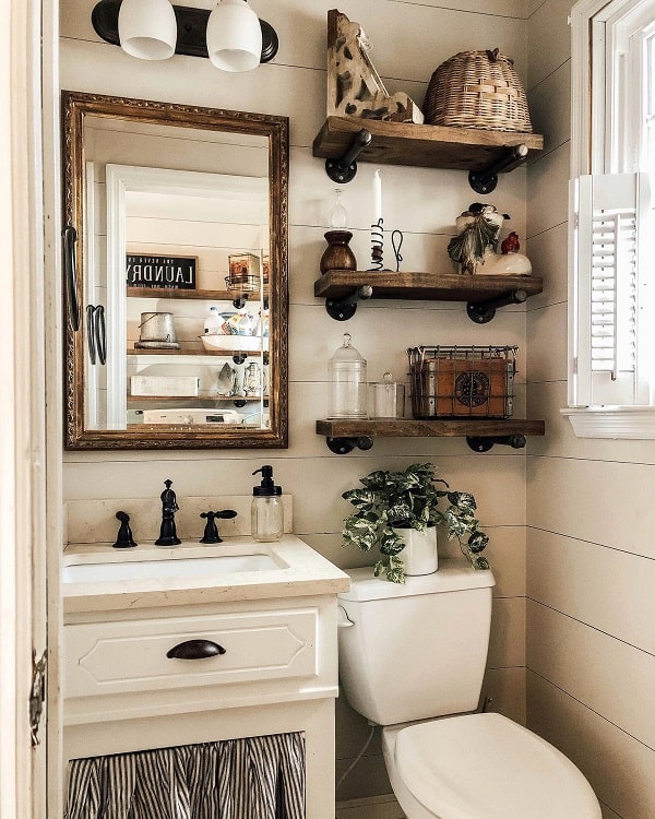 Farmhouse-style bathroom with cozy shelves, lush plants, a mirror, and decorative items above the toilet and sink