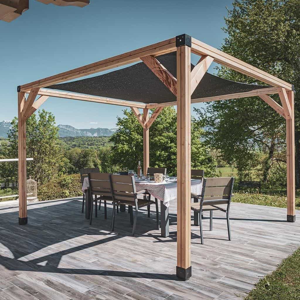 wood pergola dining table and chairs mountain veiw