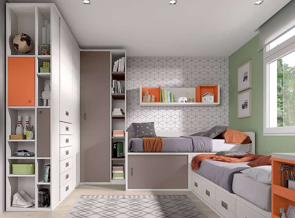 Modern bedroom with geometric wallpaper, built-in storage, twin beds, and orange accents.