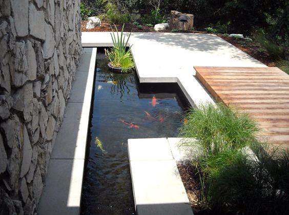 Modern deck pond with koi fish, featuring clean lines, concrete edging, and surrounding plants.