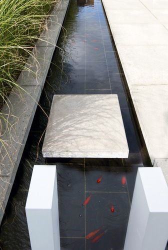 Narrow side pond with koi fish, floating stone steps, and decorative grasses, alongside a modern patio.