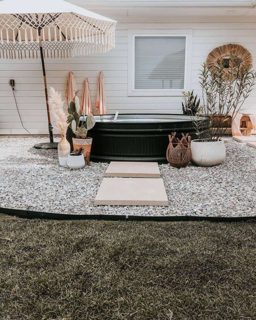 boho backyard with wade pool and umbrella shade 