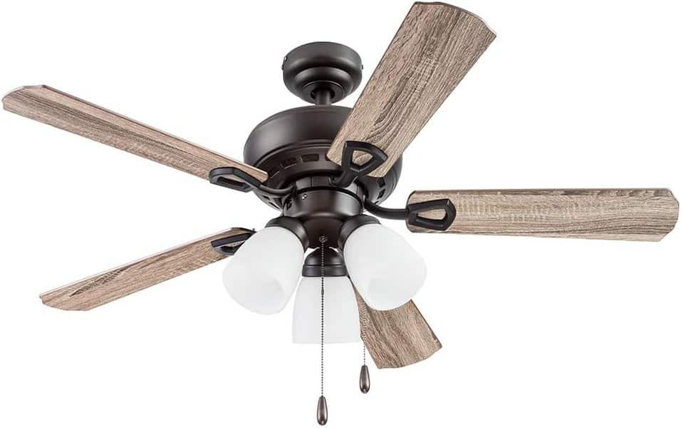 Bronze ceiling fan with rustic wooden blades and three frosted glass light fixtures.