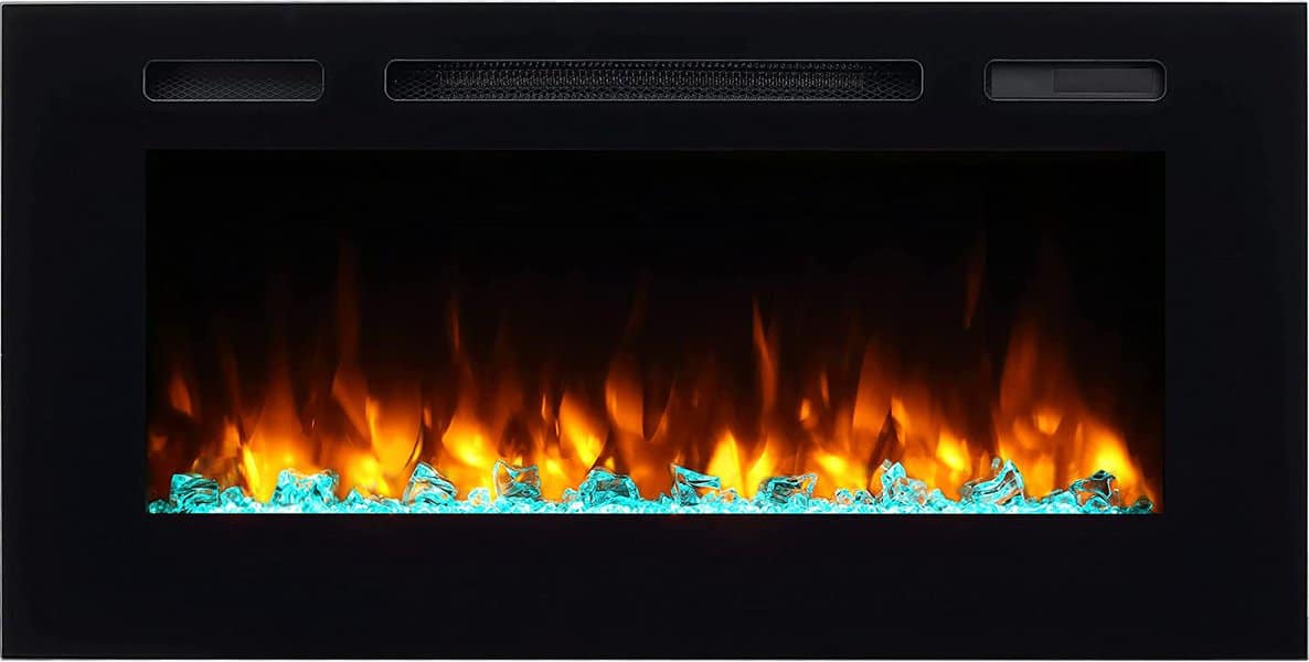 Wall-mounted electric fireplace with orange flames and blue crystal ember bed.