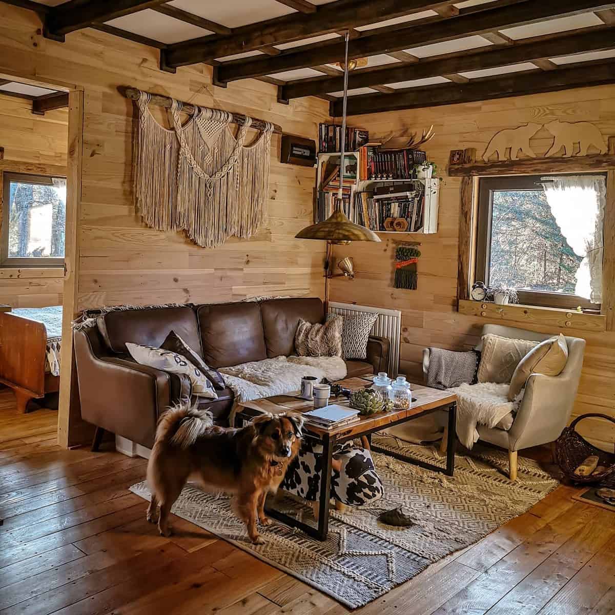 Cozy living room with wooden walls, a brown sofa, dog, bookshelves, and rustic charm