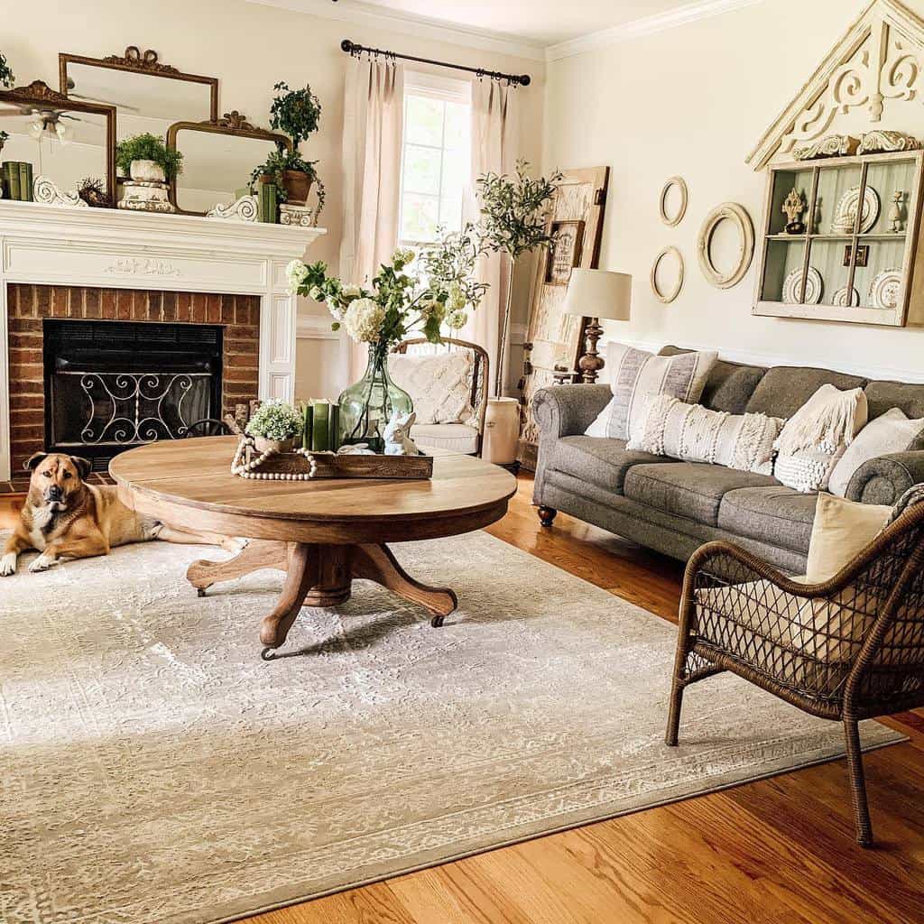 country living room gray sofa round wood coffee table brick fireplace 