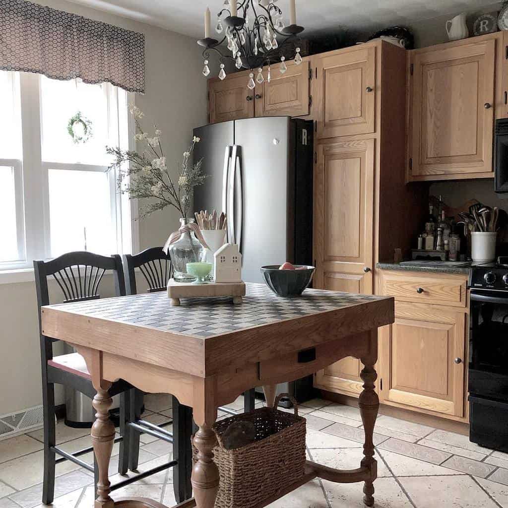 rustic kitchen with wood cabinets and table with chess board style tiles two black chairs 