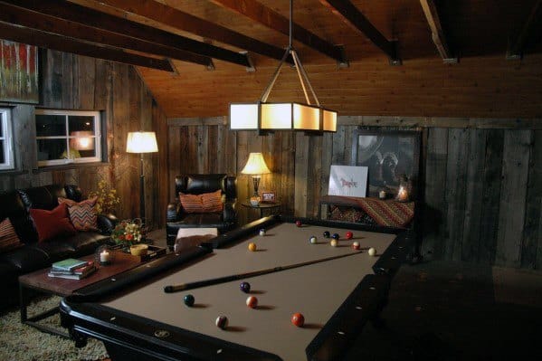 Rustic mancave with wood-paneled walls, leather seating, pool table, exposed beams, and cozy lighting.