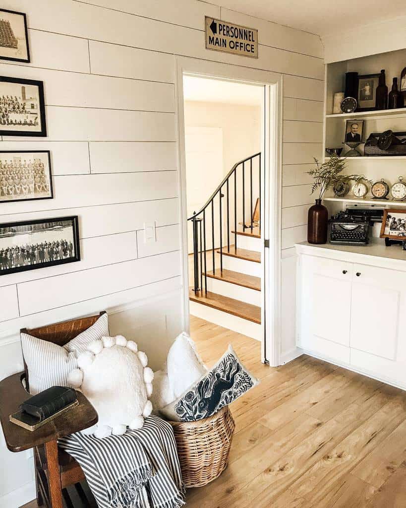 rustic white living room vintage chair typewriter 