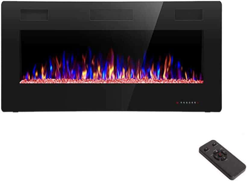 Wall-mounted electric fireplace with vibrant blue and orange flames, remote control included.